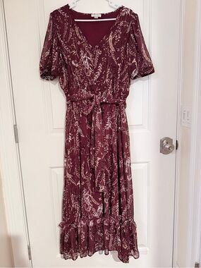 Calvin Klein Maroon Floral Print Maxi Dress with Tie Waist